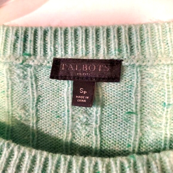 NEW TALBOTS PETITES WOMENS SZ SP GREEN CABLE KNIT COTTON CREWNECK SWEATER - Picture 8 of 10